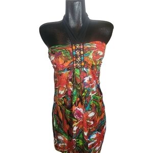 Colorful Floral Halter Mini Dress Size L